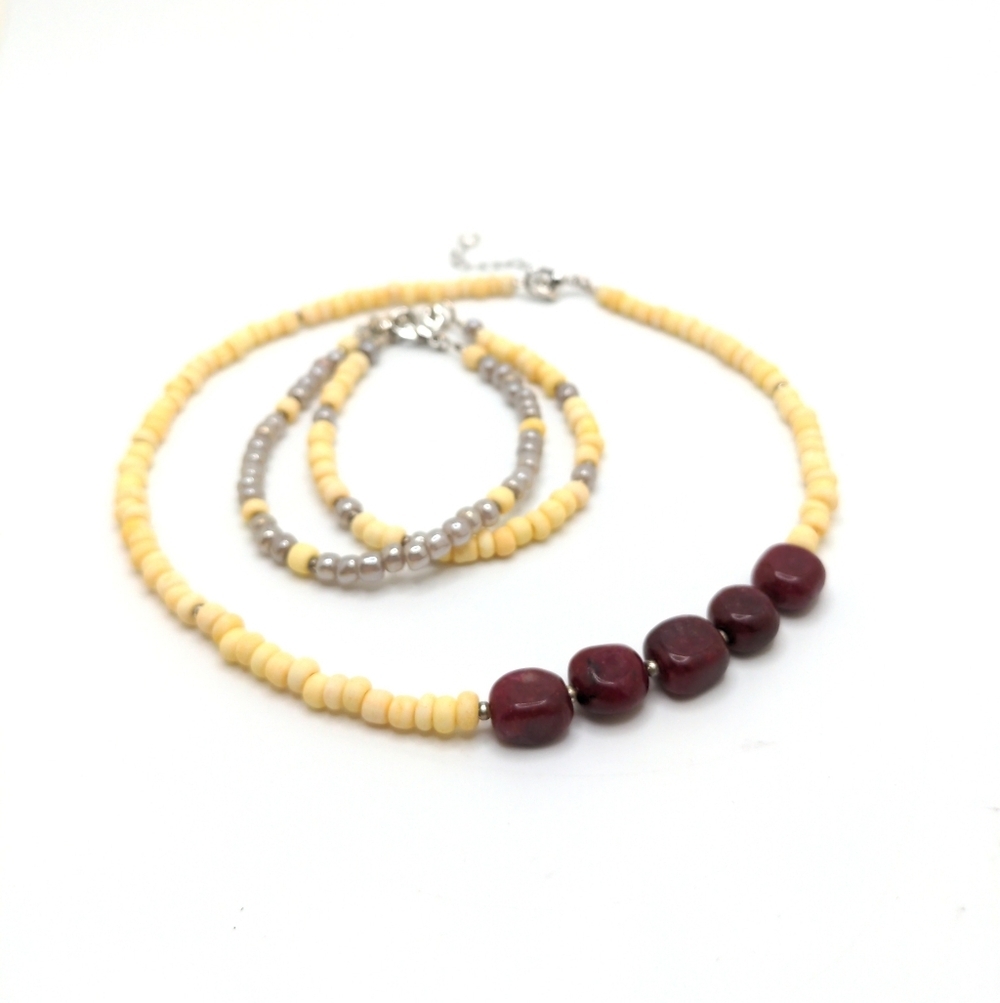 381MIDALANE Handmade Butter Yellow Beaded Jewelry Set w/ Cherry Burgundy Agates